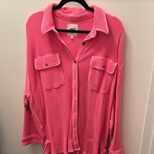 aerie Pink Waffle Knit Button-Up Shirt